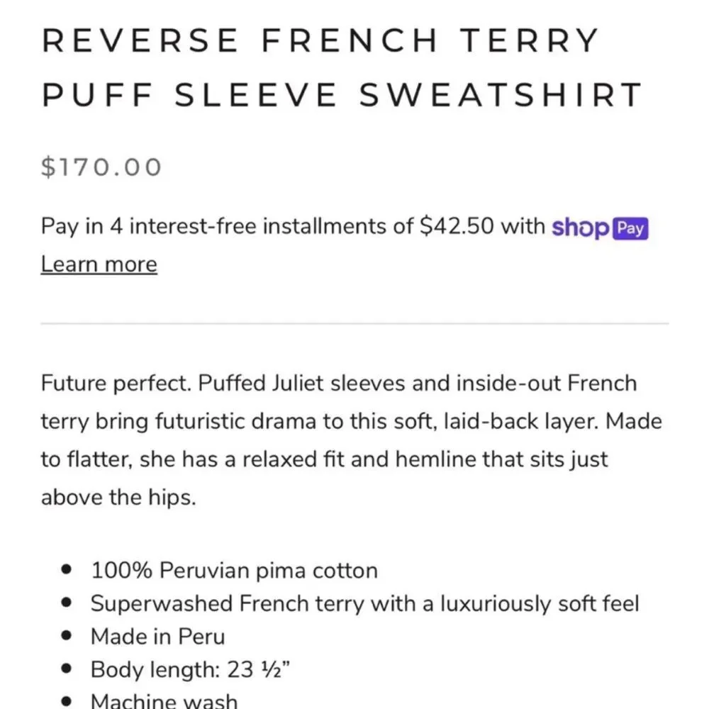 NWOT  170.00GOLDIE REVERSE FRENCH TERRY PUFF SLEEVE SWEATSHIRT Large - Picture 5 of 6